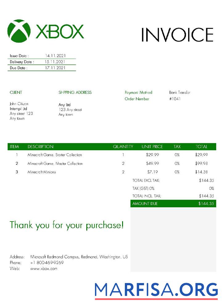 Blank USA Xbox invoice template